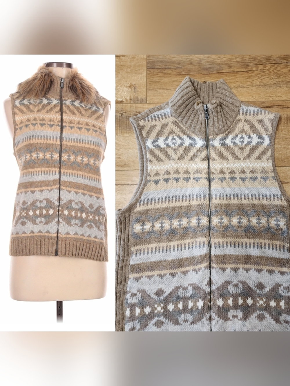 VTG RALPH LAUREN Women M FAIR ISLE Cotton Wool Blend Cardigan VEST Removable Fur